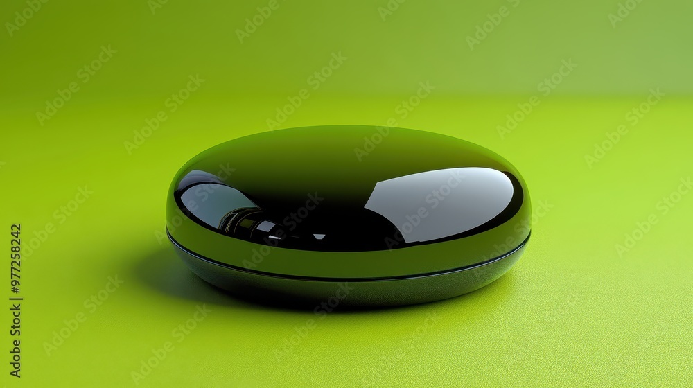 Poster a circular stop button with a glossy finish on a bright green background