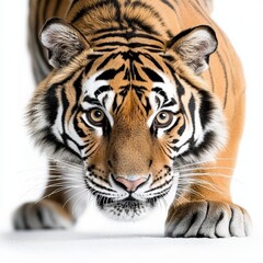 Fototapeta premium A majestic tiger prowling forward, showcasing its striking orange fur and detailed black stripes, embodying wild beauty and power.