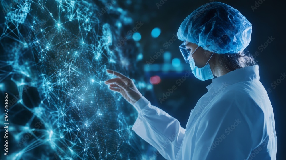 Poster futuristic artificial intelligence analyzing biohacking experiment results