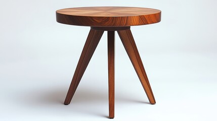 A contemporary wooden side table with a round top and tripod legs on a white background