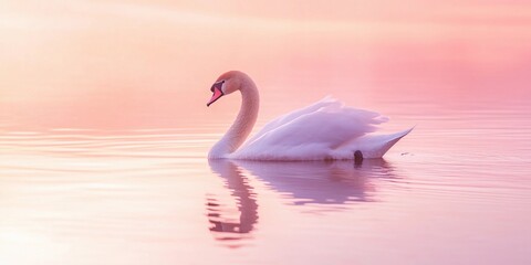 Obraz premium A serene photo of a swan gracefully swimming on a lake, its head and neck forming a perfect S-shape, symbolizing elegance. 
