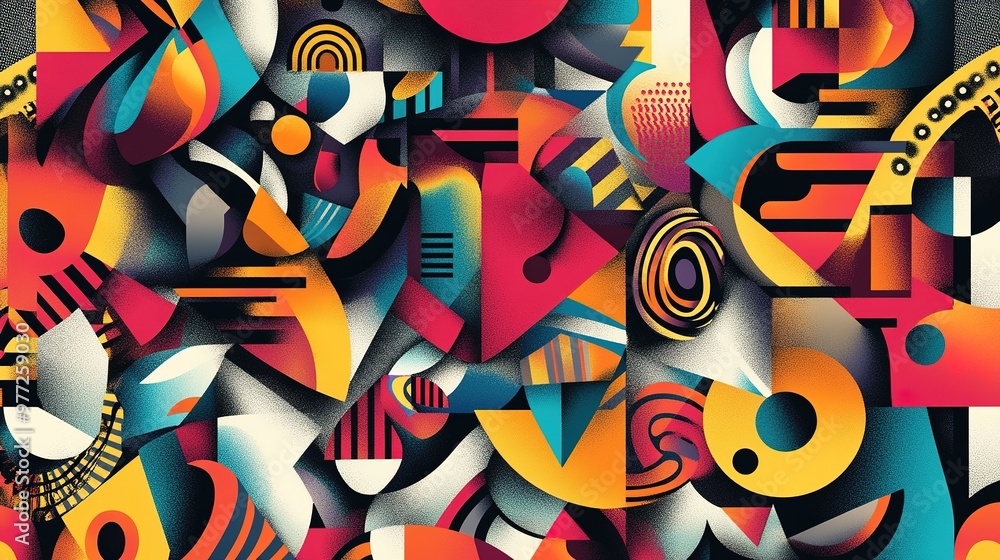 Fototapete a background filled with overlapping colorful shapes and patterns, offering a dynamic visual effect