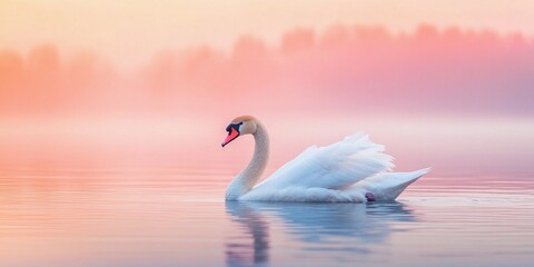 Fototapeta premium A serene photo of a swan gracefully swimming on a lake, its head and neck forming a perfect S-shape, symbolizing elegance. 