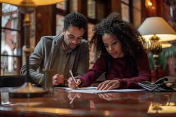 A couple working together on a project or writing letters