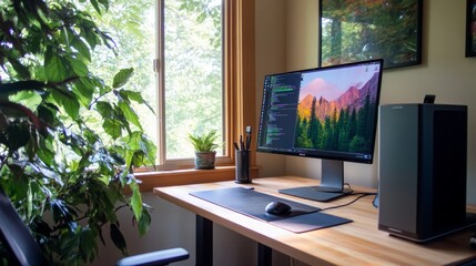 Fototapeta premium Modern Biohacked Home Office with Standing Desk and Air Purifiers for Healthy Work Environment