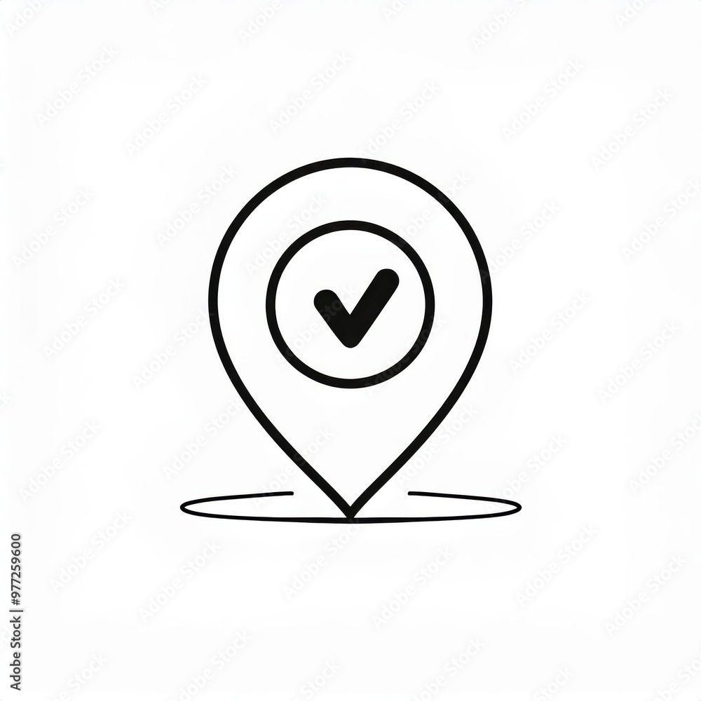Poster minimalist location pin icon with check mark symbol inside, representing verified or confirmed desti