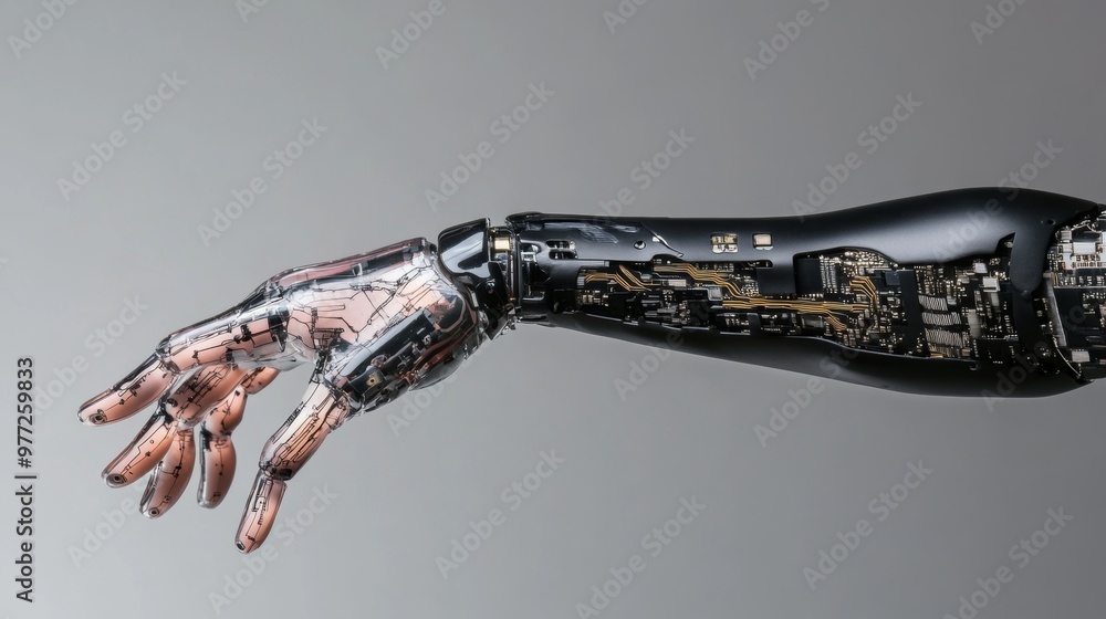 Poster futuristic bionic limb prosthetic with exposed circuitry in high-tech composition