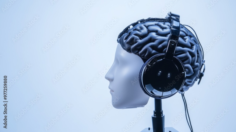 Poster futuristic brain-computer interface headset displayed on modern stand