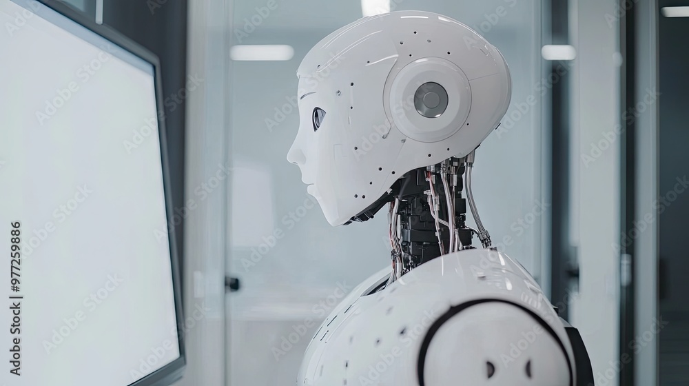 Poster close-up of a humanoid robot working on a computer with a blank white screen, highlighting advanceme
