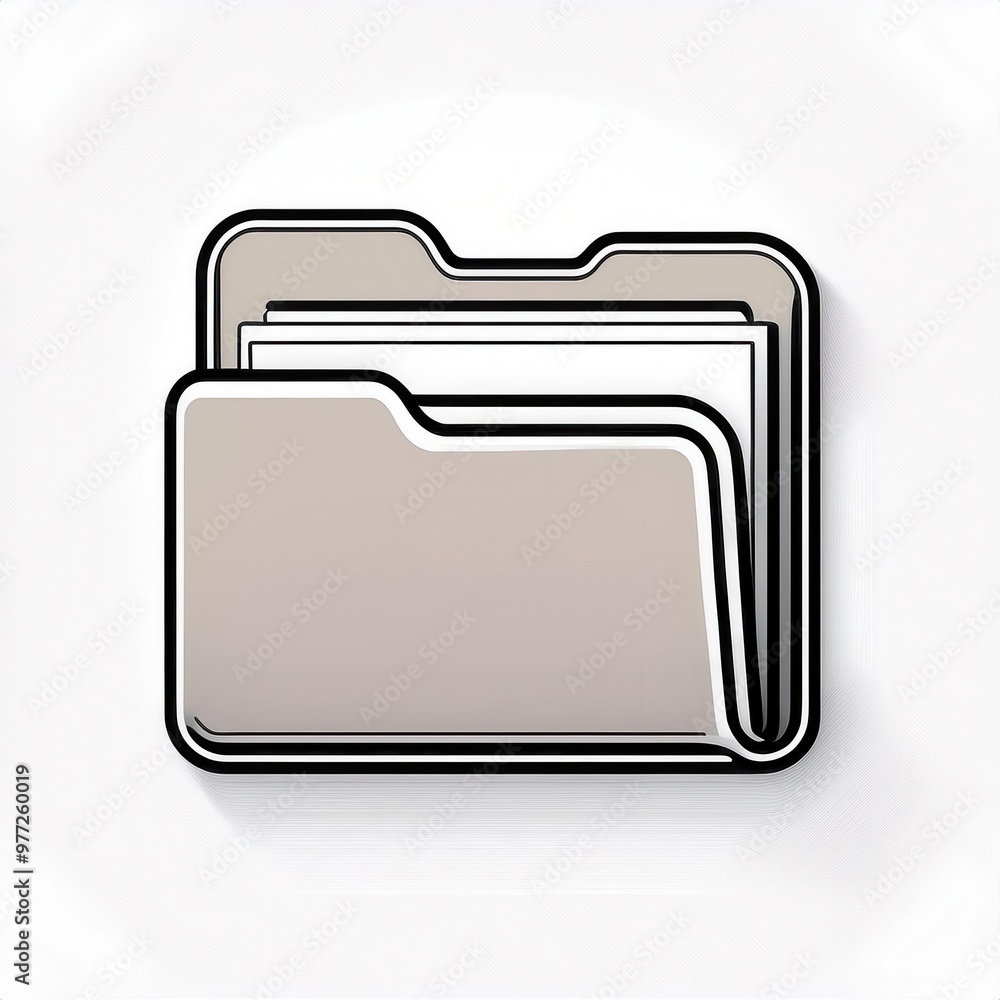 Poster Minimalist Gray File Folder Icon with Bold Black Outline and Soft Shadow Effect on a Light Background, Representing Organization, Document Management, and Digital Storage Systems. Vector Logo Icon 