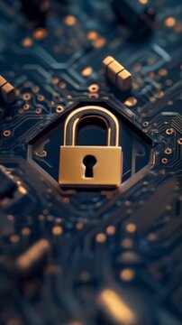 Gold padlock resting on a circuit board, representing cybersecurity and technology protection. Data encryption and online defense.