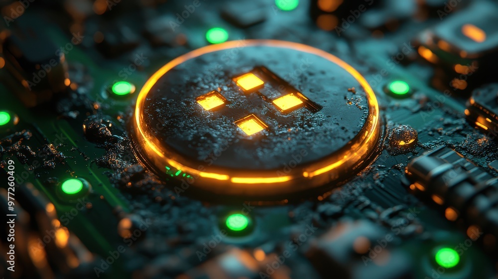 Aufkleber a glossy power button icon with a light reflection effect on a neon green backdrop