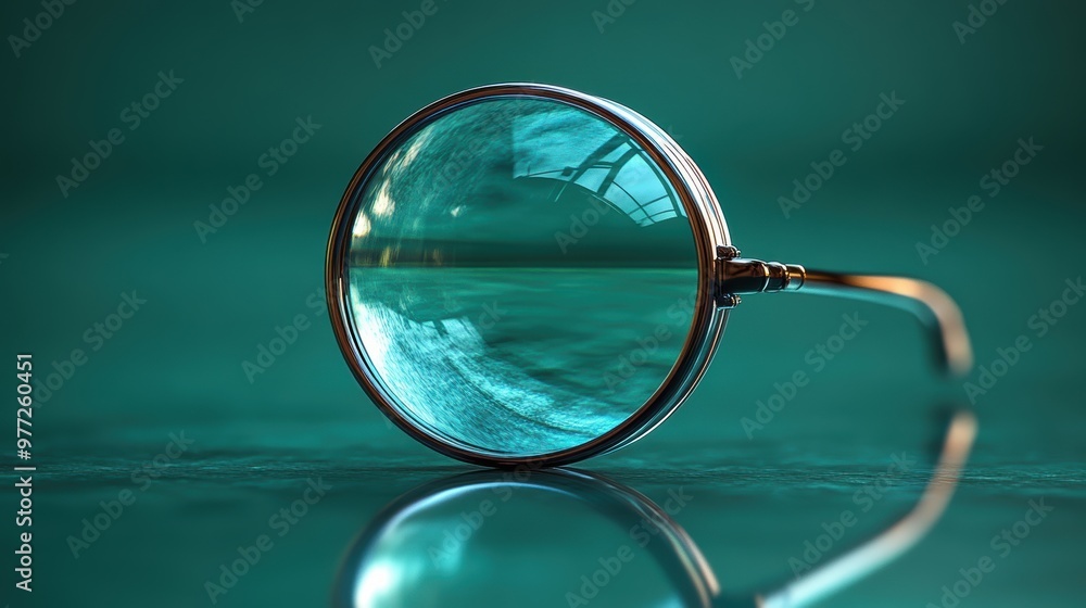 Poster a glossy search icon with a light reflection effect on a gradient green background