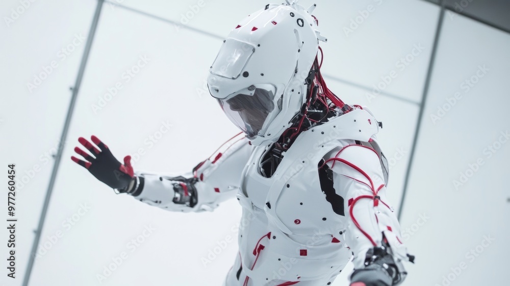 Poster tech-infused exoskeleton suit boosting physical performance in action-packed scenes