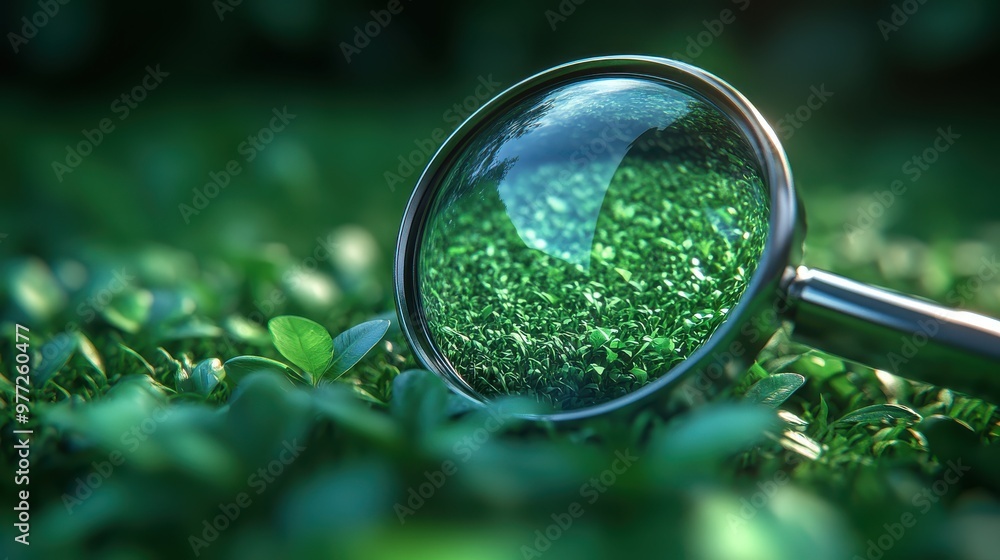 Poster a glossy search icon with a light reflection effect on a gradient green background