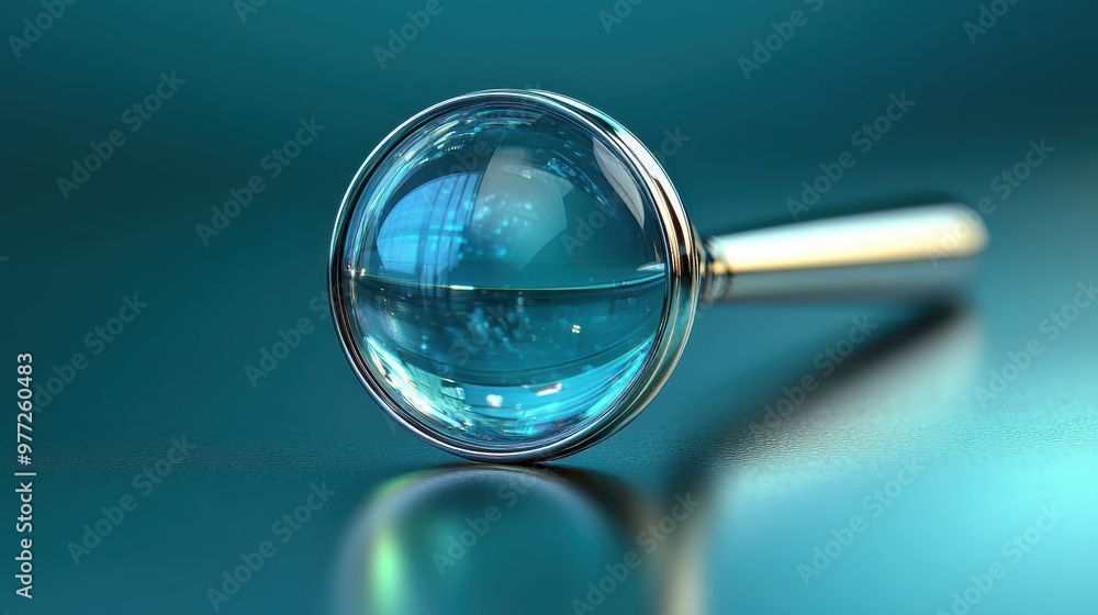 Poster a glossy search icon with a light reflection effect on a gradient green background