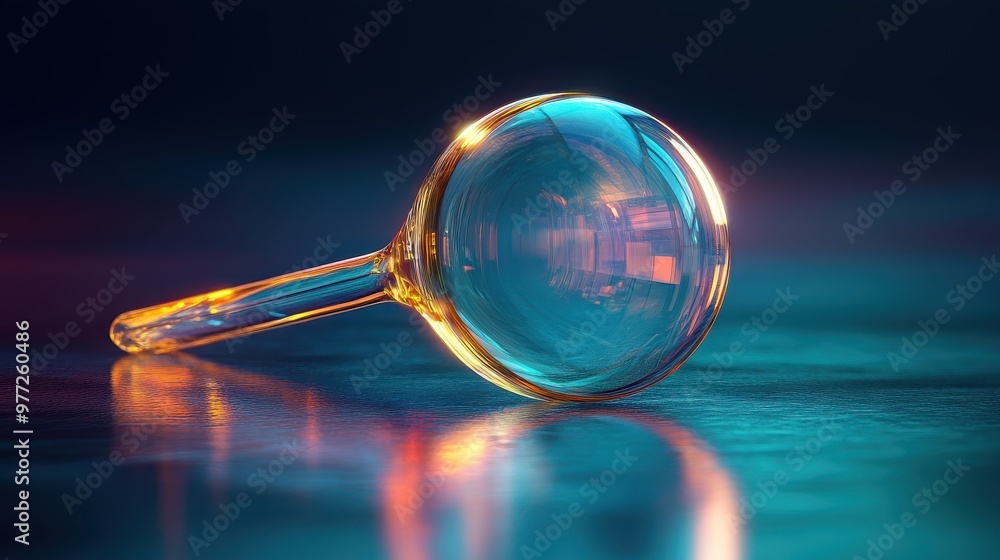 Poster a glossy search icon with a light reflection effect on a gradient green background