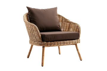 Cozy wicker chair with a plush brown cushion, perfect for indoor or outdoor relaxation and stylish decor, transparent background.