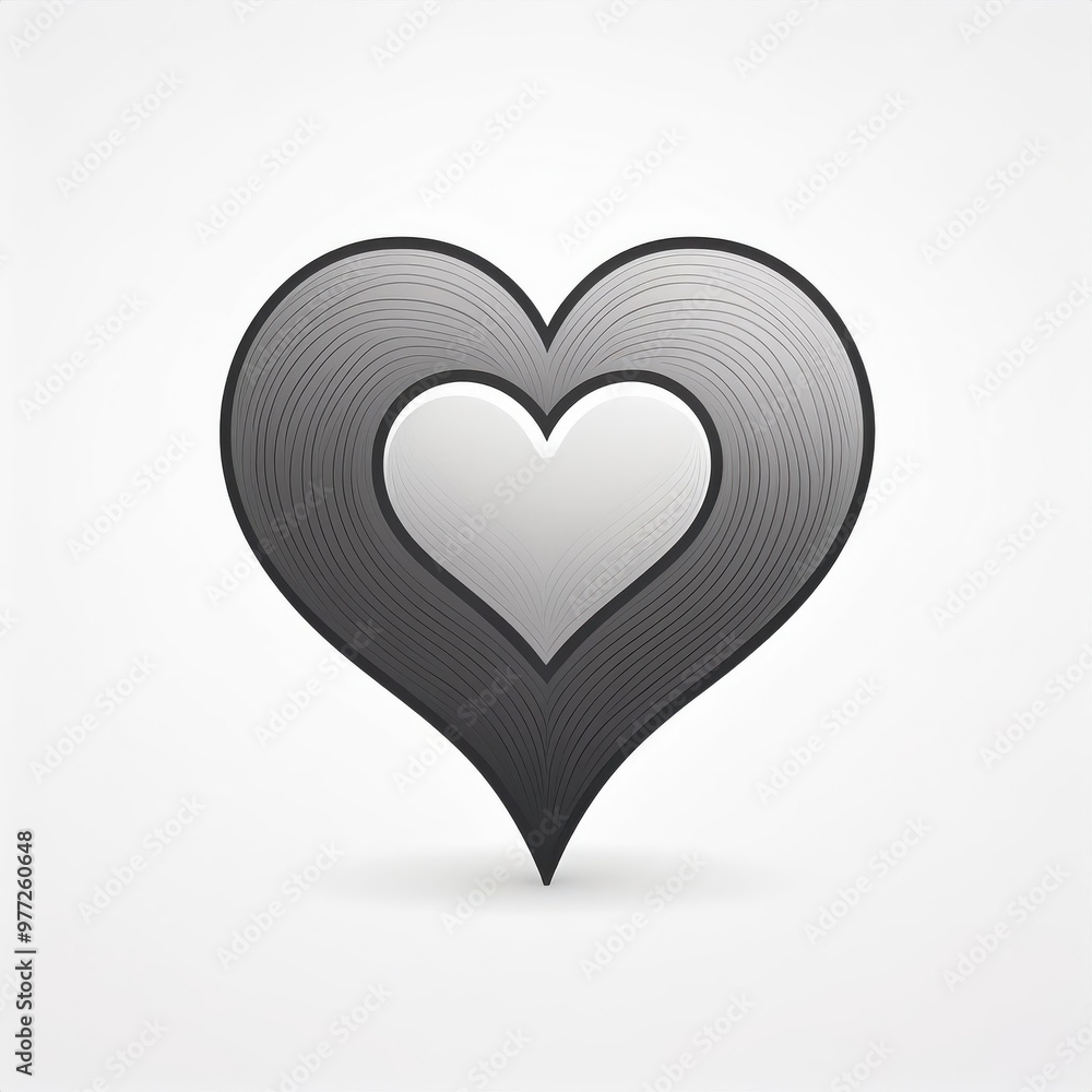 Poster Monochrome Layered Heart: Gradient Lines Forming a Concentric Love Shape with Elegant Symmetry and Depth in Black and Gray Tones. Vector Logo Icon on White Background