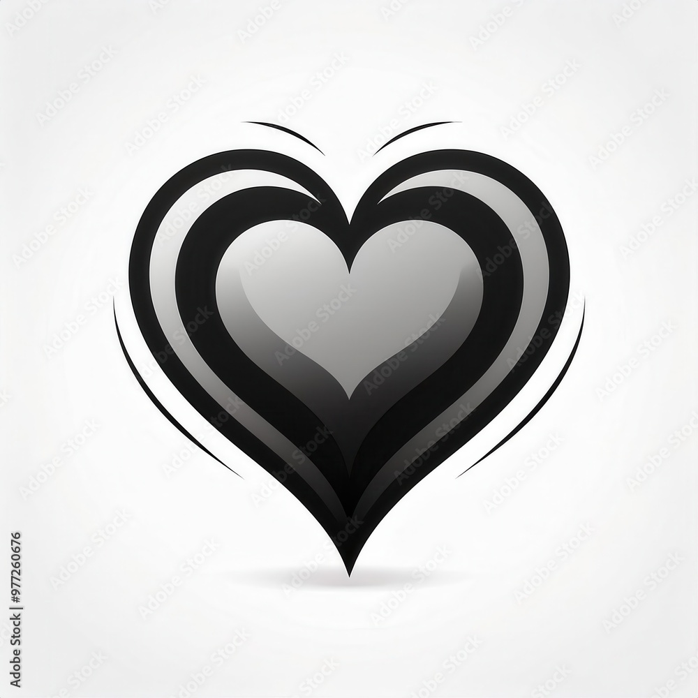 Poster Monochrome Layered Heart: Gradient Lines Forming a Concentric Love Shape with Elegant Symmetry and Depth in Black and Gray Tones. Vector Logo Icon on White Background