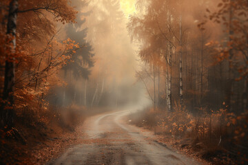 Winding road through a dense forest with sunlight filtering through the trees, no cars, morning fog, high contrast, and realistic lighting