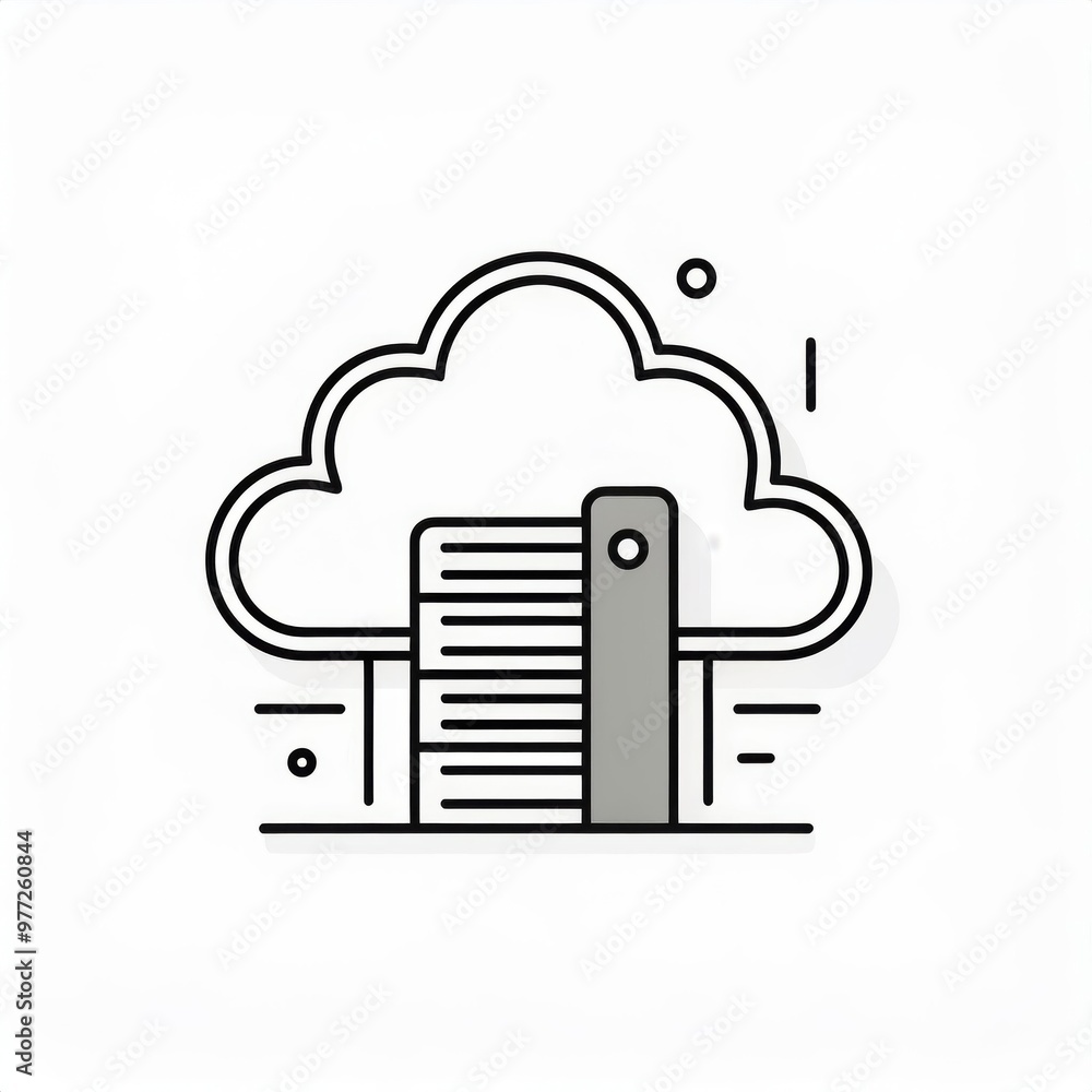 Poster Minimalist Cloud Computing Icon with Server Rack Depiction. Simplified Digital Storage and Data Management Concept in Monochrome Line Art Style. Vector Logo Icon on White Background