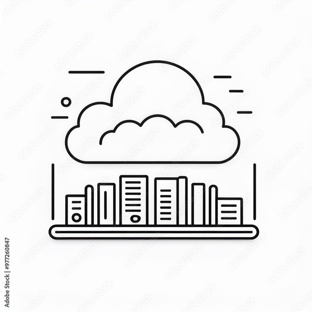 Poster Minimalist Cloud Computing Icon with Server Rack Depiction. Simplified Digital Storage and Data Management Concept in Monochrome Line Art Style. Vector Logo Icon on White Background