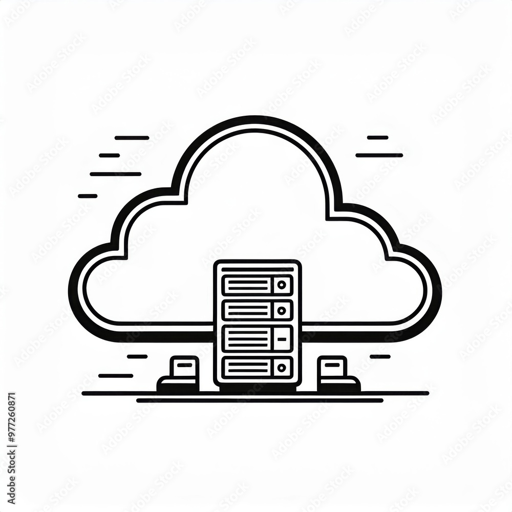 Poster Minimalist Cloud Computing Icon with Server Rack Depiction. Simplified Digital Storage and Data Management Concept in Monochrome Line Art Style. Vector Logo Icon on White Background