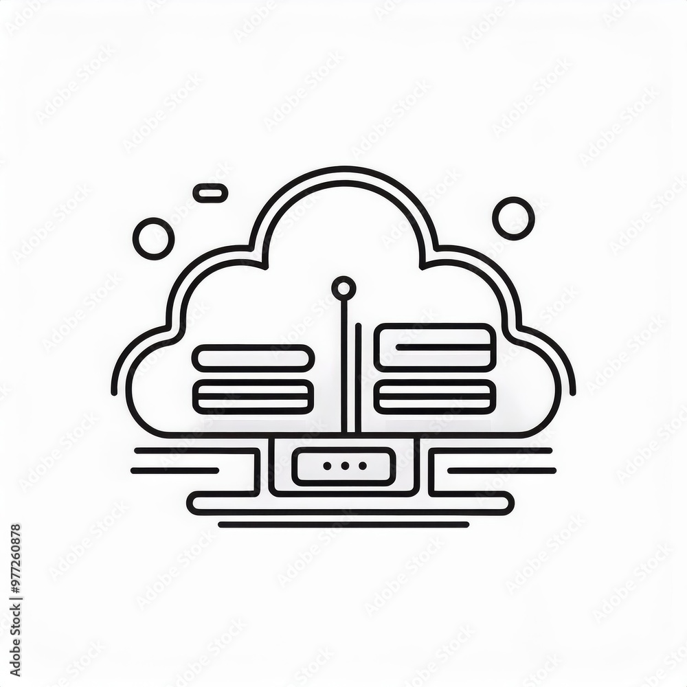 Aufkleber Minimalist Cloud Computing Icon with Server Rack Depiction. Simplified Digital Storage and Data Management Concept in Monochrome Line Art Style. Vector Logo Icon on White Background