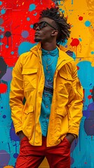 Fototapeta premium Confident young black man in colorful fashion poses in front of vibrant graffiti wall, capturing trendy urban style and self expression; african american model