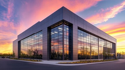 Fototapeta premium Exterior of a sleek modern industrial building at sunset, with metal cladding and glass windows reflecting