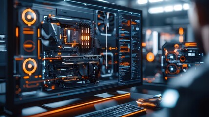 Futuristic computer setup with glowing components, showcasing advanced technology and vivid colors in a modern workspace.