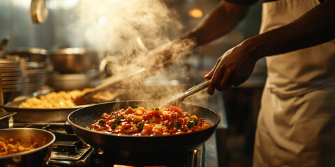 A chef cooks in a restaurant kitchen with steam rising from the pan.