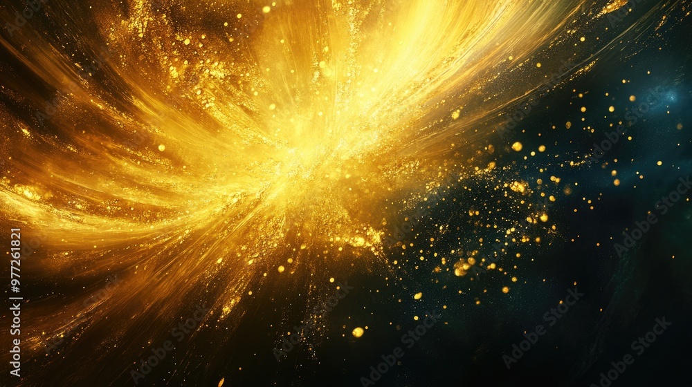Poster golden bursts of energy erupting from a dark background, creating a visually striking abstract desig