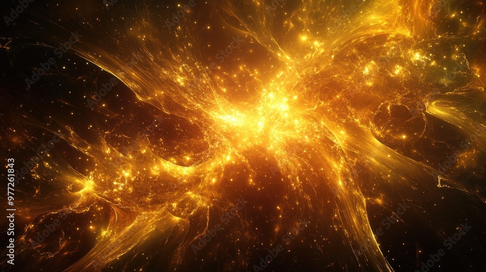 Poster golden bursts of energy erupting from a dark background, creating a visually striking abstract desig