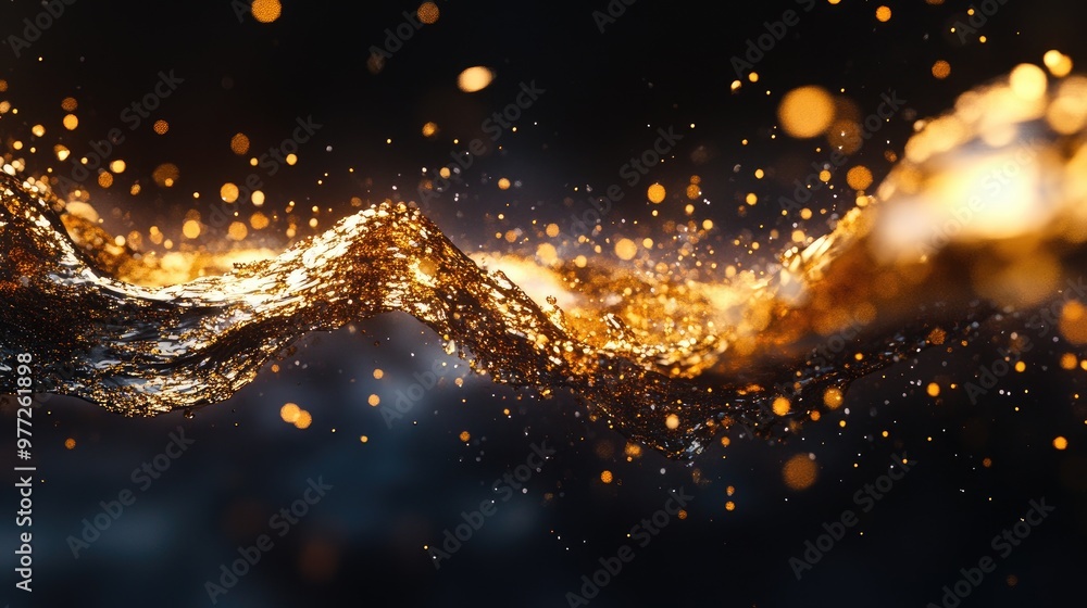 Poster golden splashes on a dark backdrop, glowing with warmth and energy, creating a dynamic and radiant v