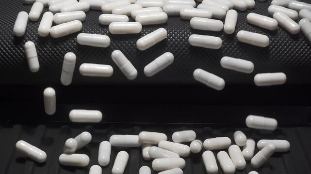 Many white pills or drugs falling from conveyer belt. Pharmacy and pill production concept.