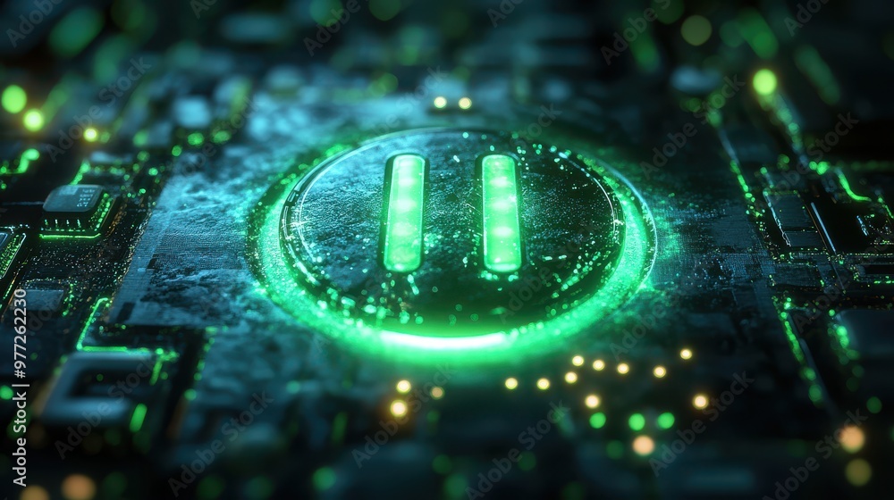 Poster a glowing power button icon with light rays on a vivid green backdrop