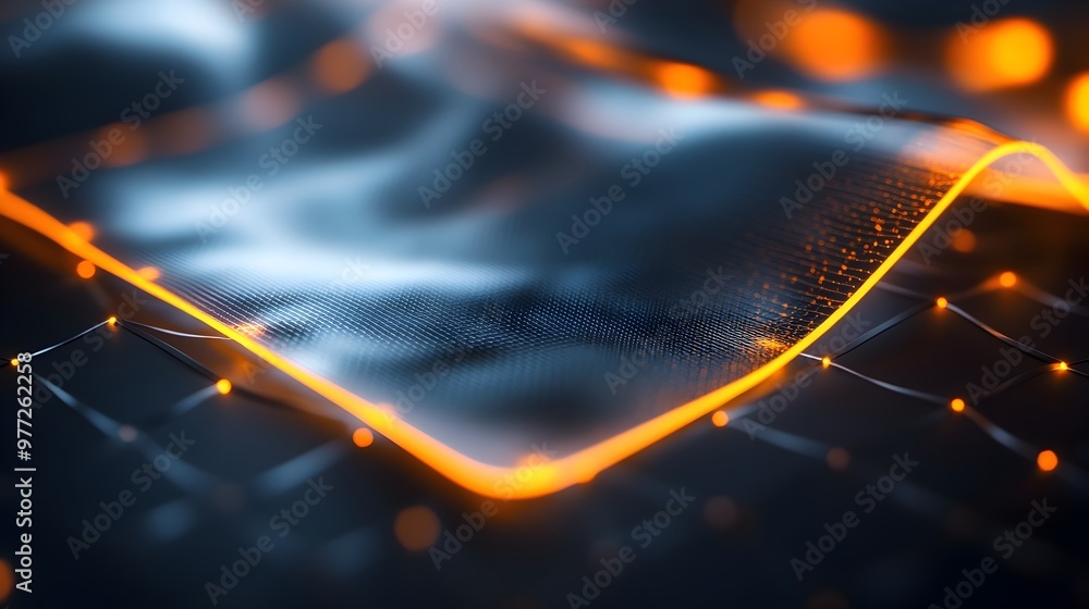 Poster transparent graphene sheet with glowing edges representing conductivity and strength in advanced