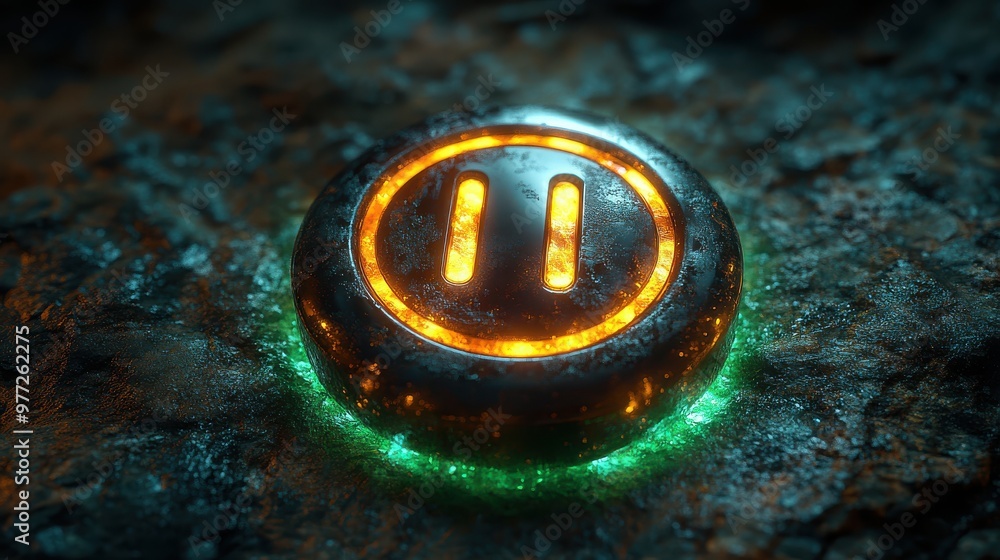 Aufkleber a glowing power button icon with a light burst effect on a neon green background