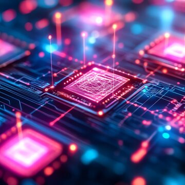 Quantum AI integration, digital qubits, holographic connections, futuristic environment