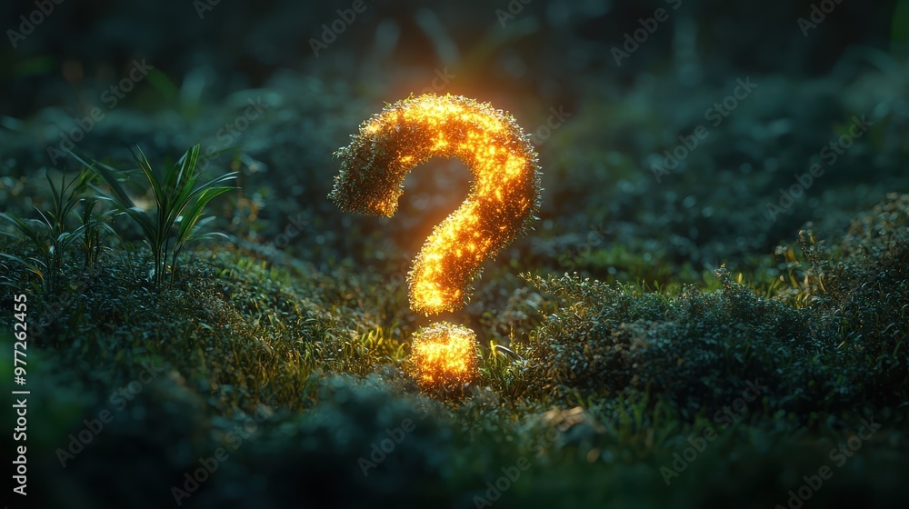 Poster a glowing question mark with a soft outer glow, placed on a vibrant green backdrop