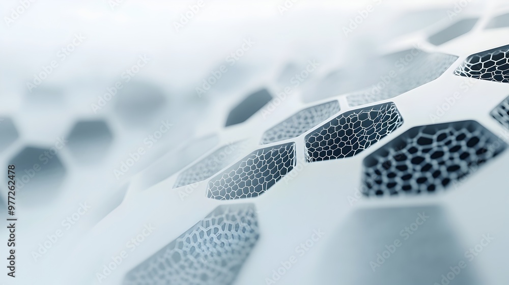 Poster futuristic graphene nanostructure abstract with floating geometric shapes in clean white space