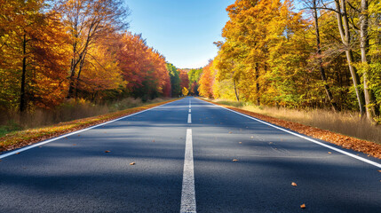 A wide, straight highway cutting through an autumn forest with colorful leaves, bright and vibrant colors, clear sky, no vehicles, high resolution