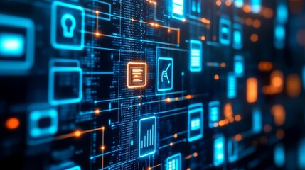 Quantum computing hub, AI data streams, floating digital elements, urban tech center