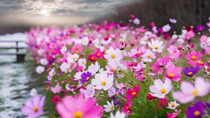 Soft And select Focus,A colorful field of Cosmos Flower is planted for visitors to visit the Cosmos Flower in the winter and the Cosmos Field. Flower is also the meeting of couples on Valentine's Day.