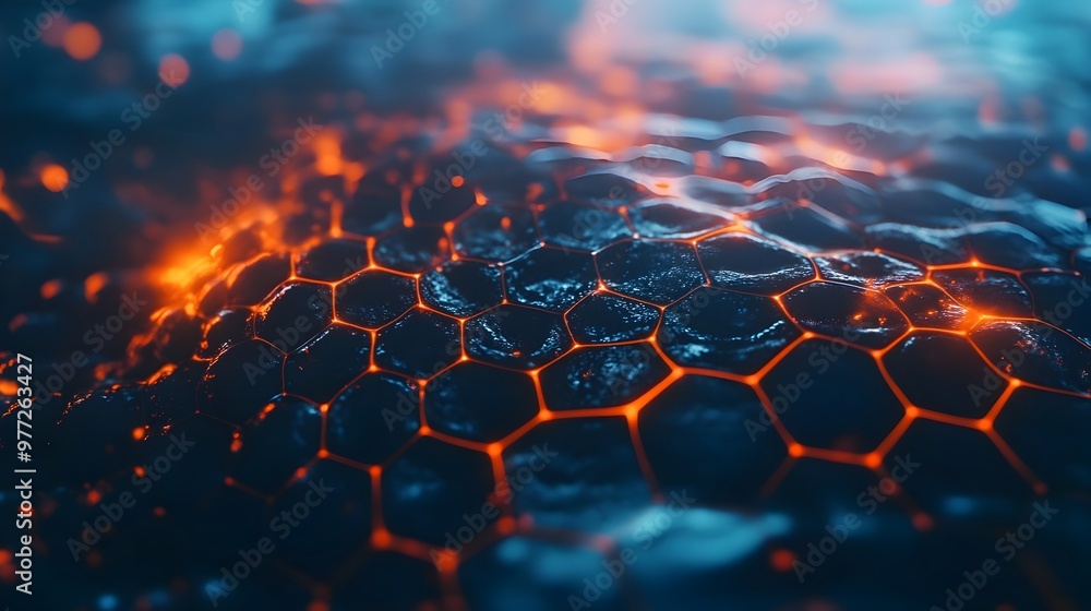 Poster graphene interacting with innovative nanomaterials in dynamic futuristic composition