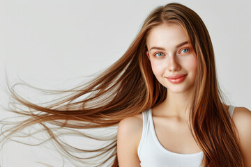 Fototapeta premium Beautiful woman with radiant, healthy long hair in motion, showcasing vitality and elegance against a simple background
