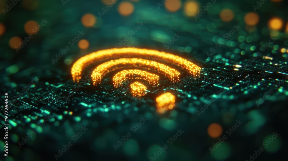 Poster a glowing wifi signal icon with a pulsating effect on a bright green background