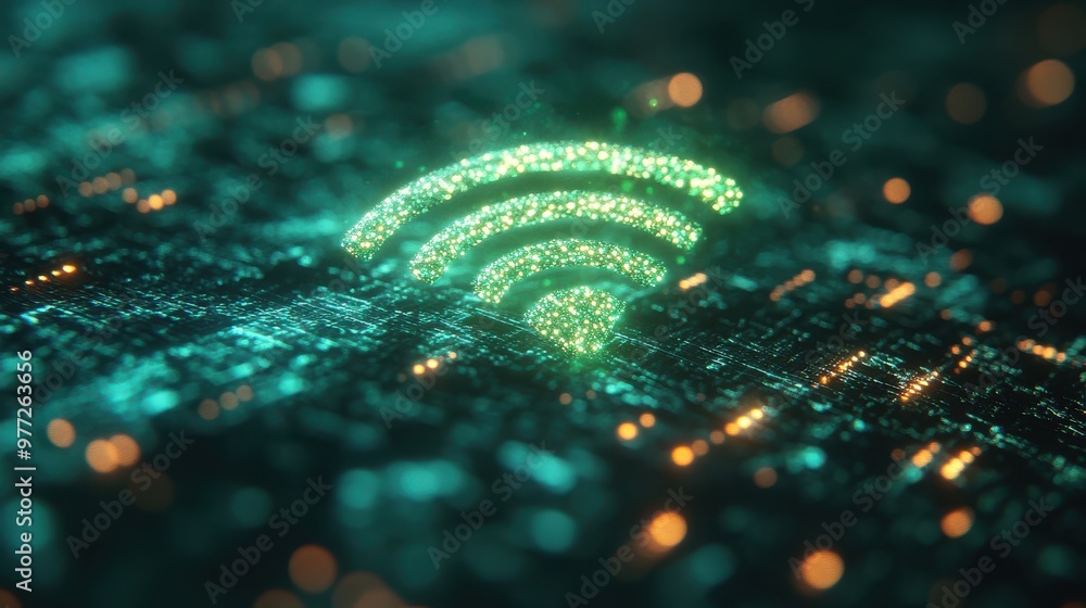 Poster a glowing wifi signal icon with a pulsating effect on a bright green background
